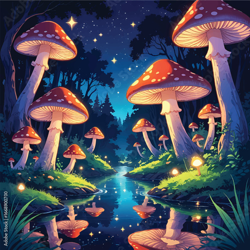 Enchanting anime fantasy forest scene at night