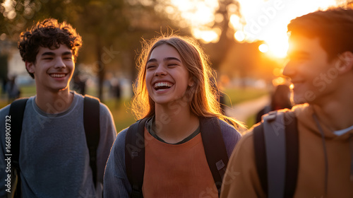 Three smiling students with backpacks walking outside during a sunny day with a bright glow behind them