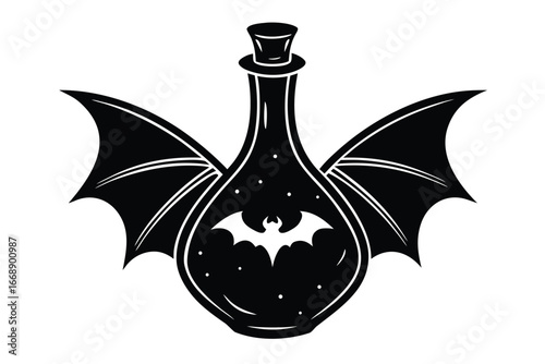 Bat winged potion bottle containing a bat and star like dust black and white