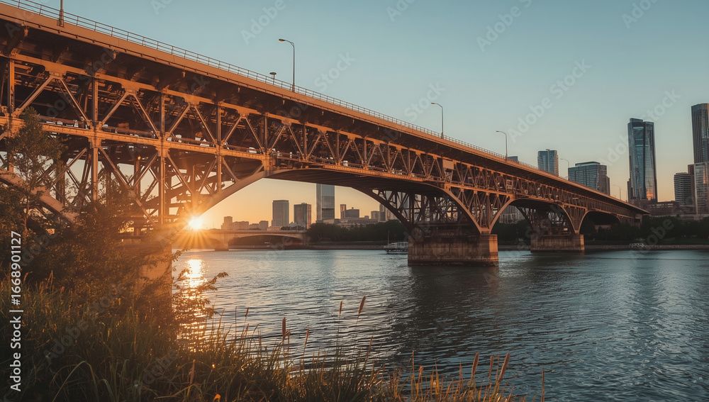Fototapeta premium Stunning Golden Hour View of a Steel Arch Bridge Over a River, with a City Skyline and Sun Flare, Perfect for Travel, Urban, and Architecture Concepts