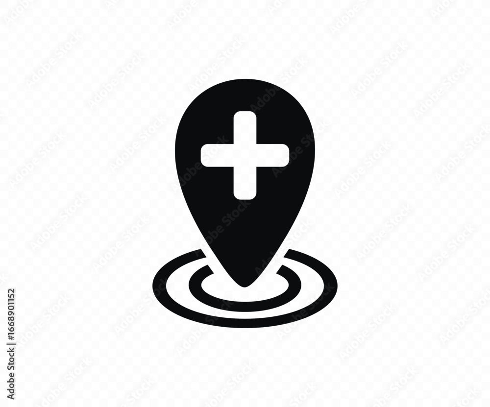 Obraz premium Hospital location icon. Location pin with medical cross symbol for healthcare or emergency services.