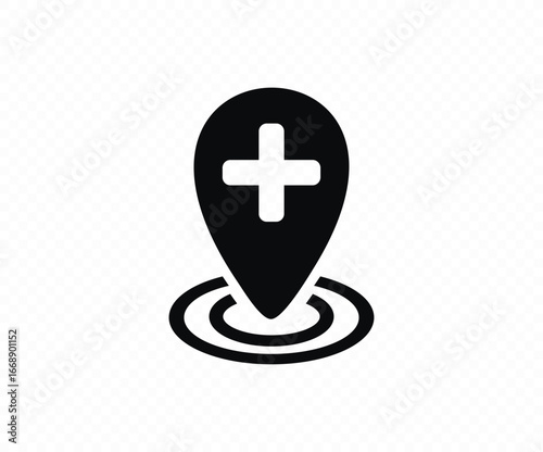 Hospital location icon. Location pin with medical cross symbol for healthcare or emergency services.