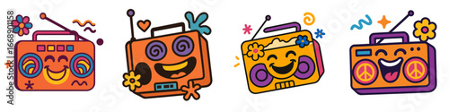 Retro Boombox Characters with Flowers and Peace Signs