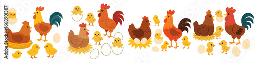 Farm Chickens and Roosters with Eggs, Minimalist flat design