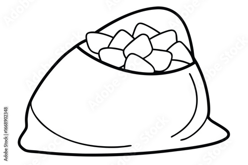 Black and white outline illustration of a bag full of candies or gems