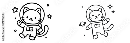 Cat Astronaut Floating in Outer Space, Minimalist flat design
