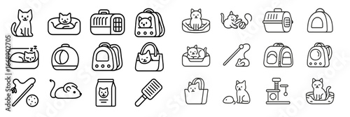 Cat and Pet Accessories Line Art Icons, Minimalist flat design
