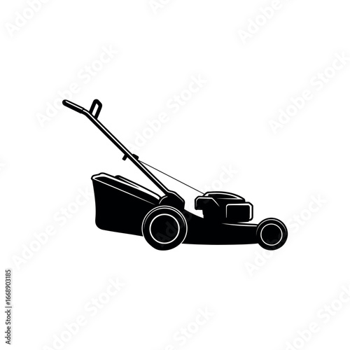 Black silhouette of a push lawn mower on white background grass cutter gardening