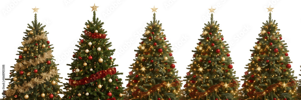 Fototapeta premium Festive Christmas Trees: A vibrant display of decorated Christmas trees stands side by side, each adorned with colorful ornaments and twinkling lights.