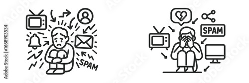 Person overwhelmed by digital information and notifications