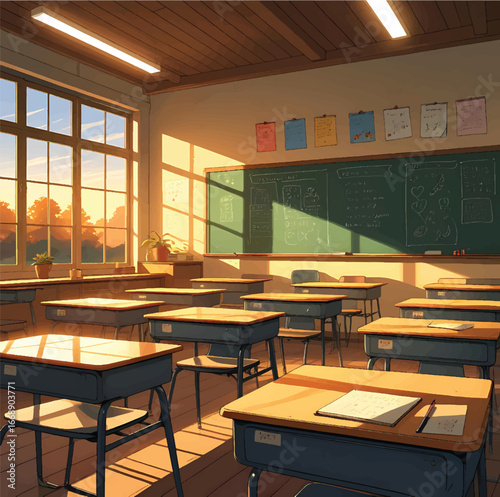 Stylized anime classroom interior at golden hour