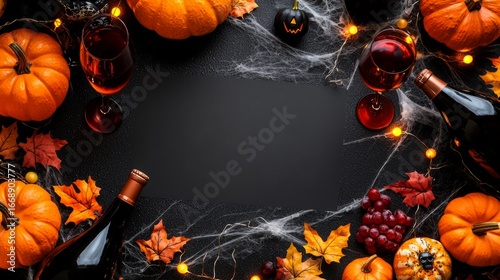 A beautifully arranged Halloween table featuring pumpkins, wine glasses, and warm autumn leaves, perfect for holiday festivities and celebrations with friends and family.