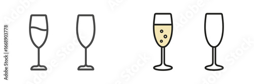 Champagne Flutes with Bubbles and Liquid, Minimalist flat design