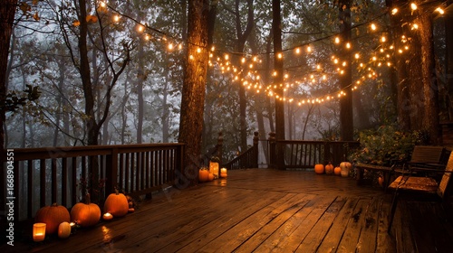 Deck adorned with pumpkins and string lights in a misty forest setting