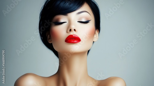 Stunning Woman with Red Lips and Bob Haircut, Beauty Portrait