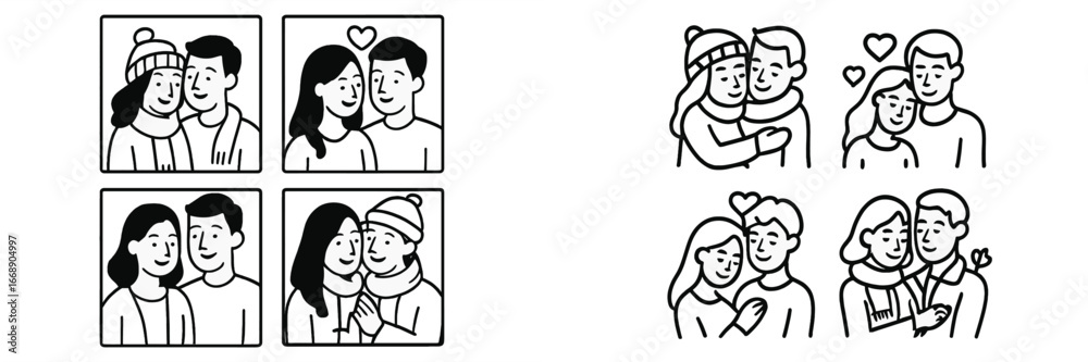 Fototapeta premium Couple Embracing in Winter Attire, Minimalist flat design