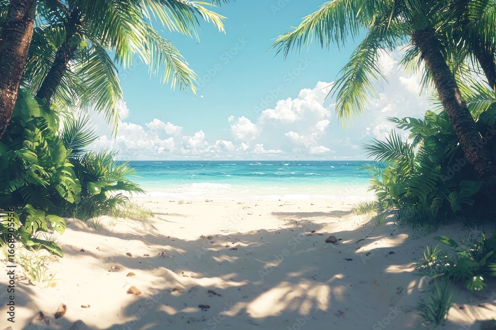 Obraz premium Beach background featuring shaded coconut palms with dappled sunlight on sand.