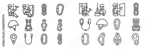 Climbing Safety Equipment Line Icons, Minimalist flat design