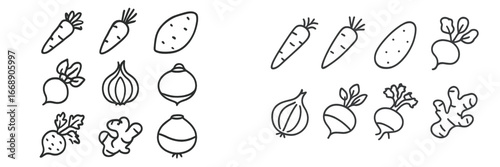 Root Vegetables and Ginger Line Art Assortment, Minimalist flat