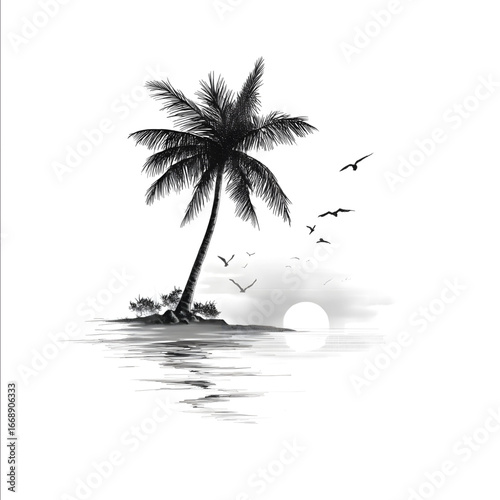 Create a pencil drawing for a future tattoo design featuring a palm tree a small section of sea a sunset and two or three simple black birds The design should.
