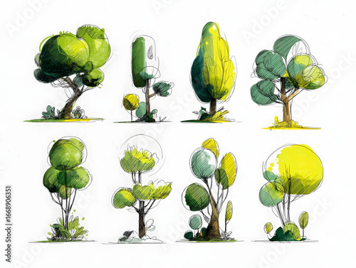 ten stylized illustration trees sketchy diagram green and yellow white background turnaround page.