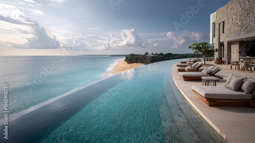 Luxurious infinity pool overlooking a stunning tropical ocean landscape.