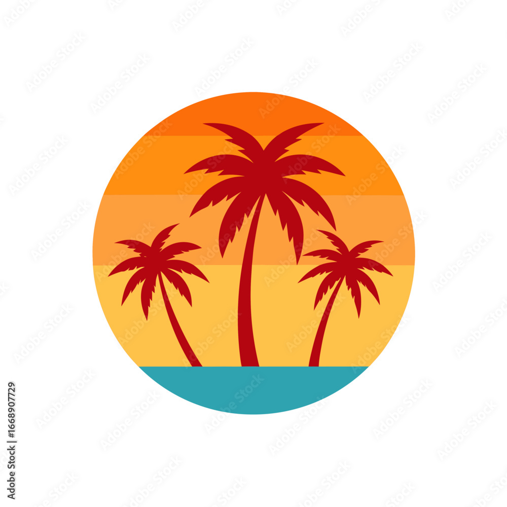 Fototapeta premium Retro sunset palm trees ocean graphic