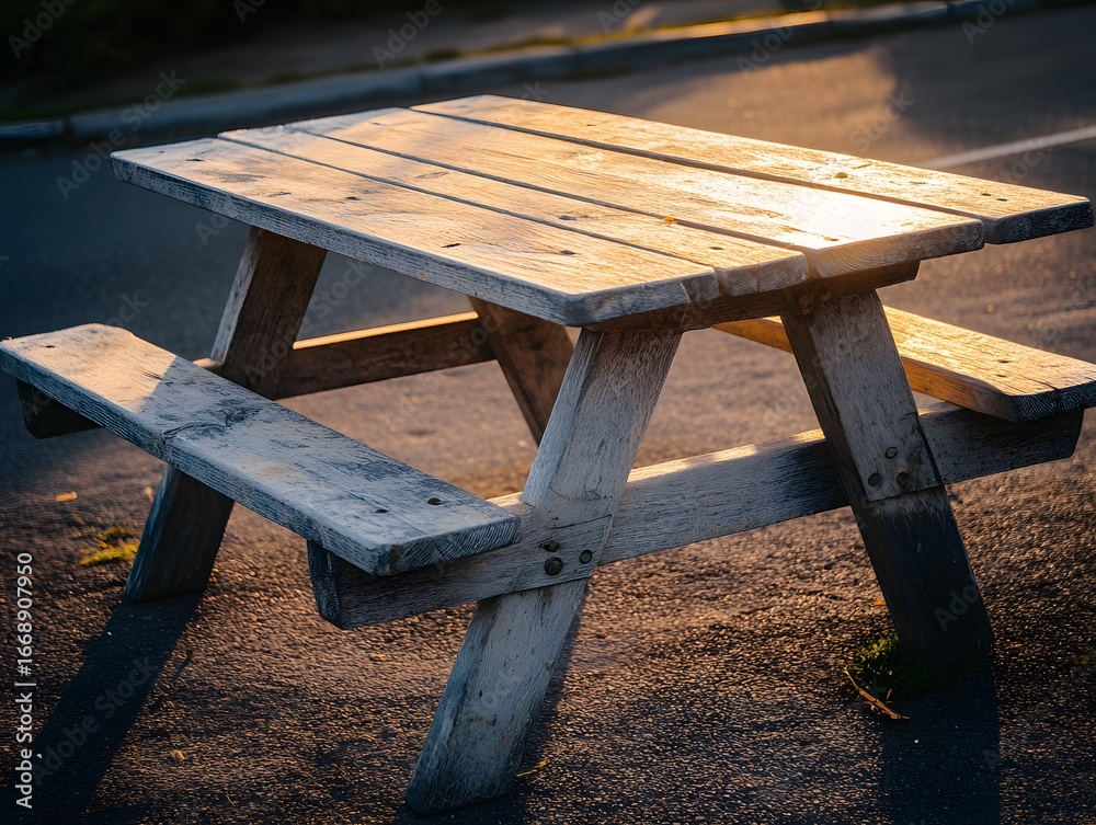 Fototapeta premium Rustic Wooden Picnic Table at Sunset Golden Hour
