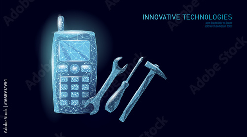 Digital device tools combination concept. Cellphone spanner screwdriver hammer low poly design. Repair maintenance service technology. Blue polygon dark background vector