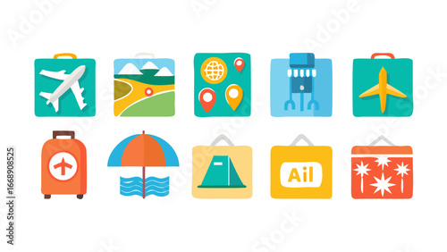 Collection of ten travel themed icons in square format with various symbols and bright colors