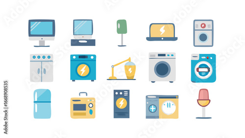 Illustration of various household appliances including washing machines and computers and refrigerators