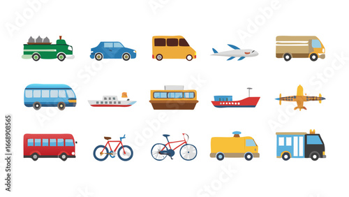 Various modes of transportation including cars trucks planes and boats arranged in a grid pattern