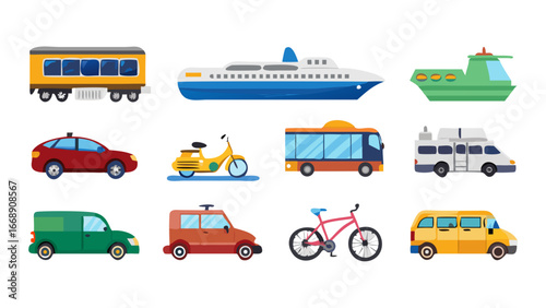 Illustration showing various modes of transportation including cars boats and other vehicles on white background