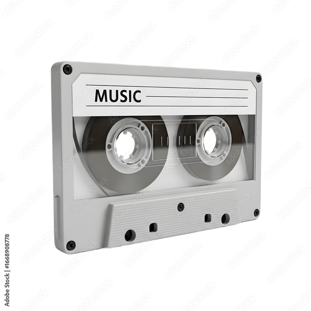 Fototapeta premium A realistic 3D rendering of a vintage grey audio cassette tape with a white label marked 'MUSIC', isolated on a white background.