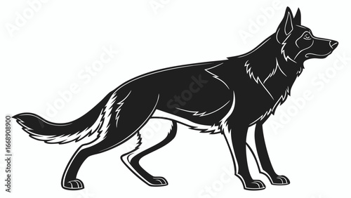 Silhouette of a german shepherd standing alert with pointed ears and a bushy tail in black and white
