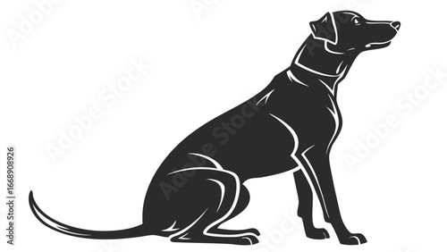 Silhouette of a sleek dog sitting attentively with its head raised and tail curved upwards slightly