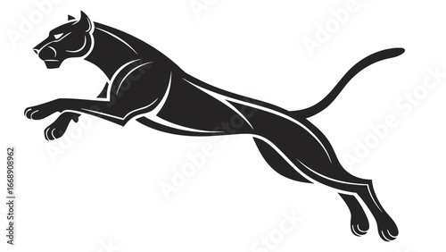 Illustration of a sleek black panther leaping forward with a long tail and sharp features outlined in white