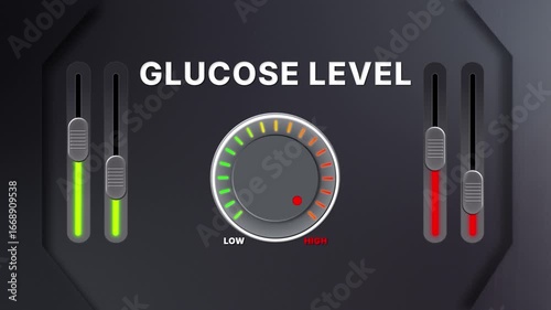 Animation of Glucose level on a circular gauge moving from low to high and back. Can be used to show increase or decrease. Perfect for health, fitness, or data content.