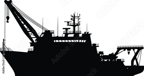 Silhouette of a large research vessel with a prominent crane and multiple decks ship