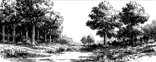 dense forest with trees and brushes simple very lines clip art clearing towards the right river flowing from left to right.
