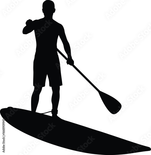 Silhouette of a Man Paddleboarding with a Paddle on a White Background stand up paddleboarding