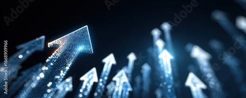 Glowing blue arrows ascend against a dark background, suggesting growth, progress, or upward movement