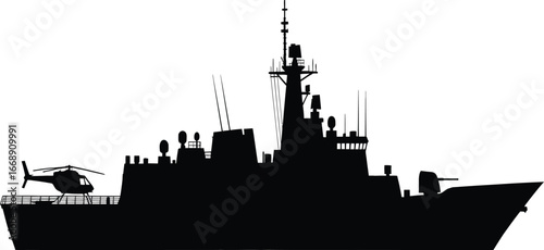 Silhouette of a modern warship with a helicopter on its deck on a white background