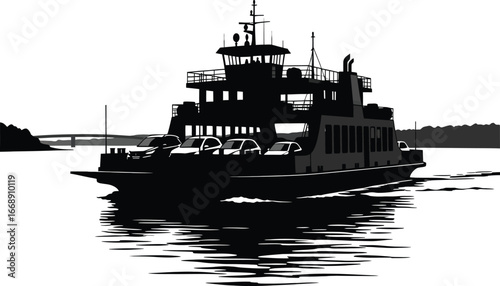 Black and white silhouette of a car ferry transporting vehicles across water with a bridge in the background