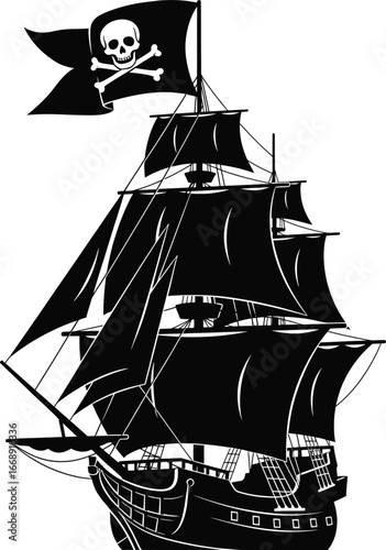 Black silhouette of a pirate ship with Jolly Roger flag flying sailing ship skull and crossbones