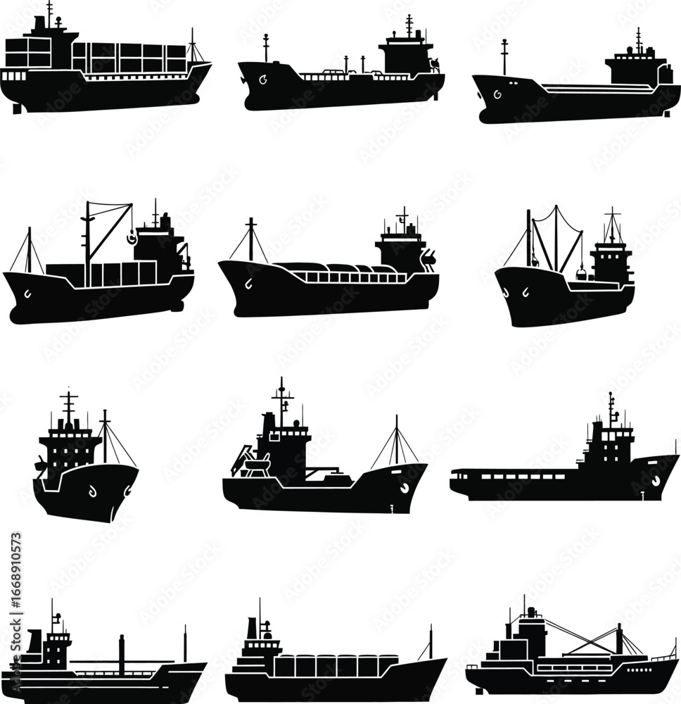 Obraz premium Collection of black silhouettes of various cargo and container ships cargo ship freighter