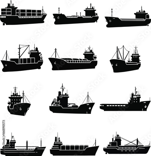 Collection of black silhouettes of various cargo and container ships cargo ship freighter