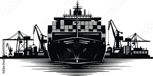 Silhouette of a Container Ship Docked at a Port with Cranes cargo ship freighter