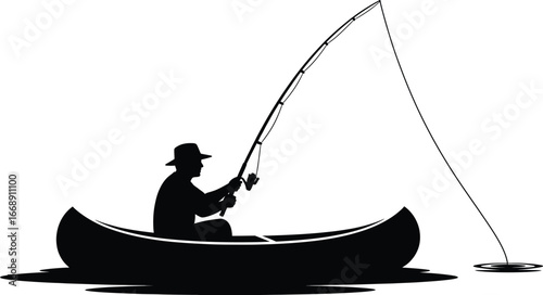 Silhouette of a Fisherman in a Canoe Fishing with a Rod boat water