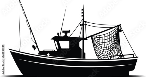 Silhouette of a Fishing Trawler Boat with Net and Rod fishing boat ship